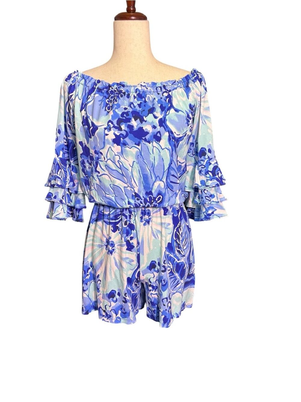 Lilly Pulitzer XS Blue Floral Off Shoulder Romper Ruffle Sleeve Fits S/M 1131